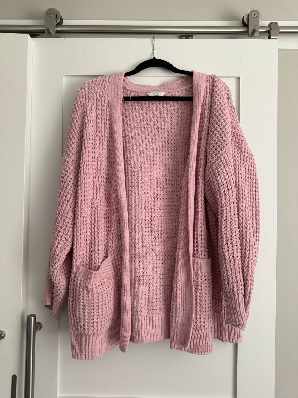 Cozy Pink Open-Front Waffle Knit Cardigan Sweater time and true Chenille